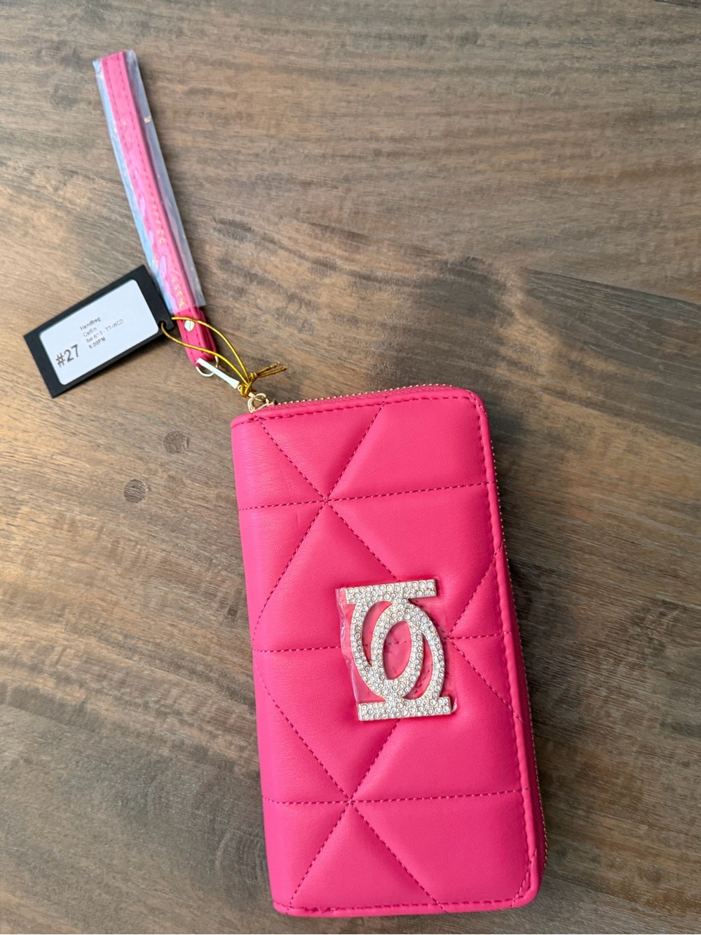 bebe Hot Pink Quilted Wristlet Clutch with Crystal Logo NWT
